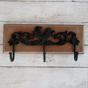 Cast iron rooster hook on wood plaque - architectural salvage -rustic farmhouse